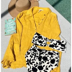 Free People Mustard Yellow Gauze Button Down Top Boho Beachy Size S